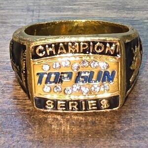 Top Gun Series Champion Ring Gold Tone Rhinestone Sports Trophy Style Size 13